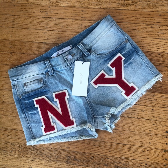JOYRICH LETTERMAN PATCH VARSITY DENIM SHORTS NWT - Picture 2 of 6